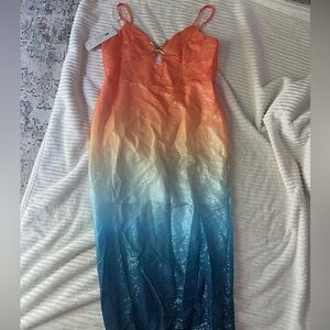 Ombre Orange and Sequin Blue Maxi Dress